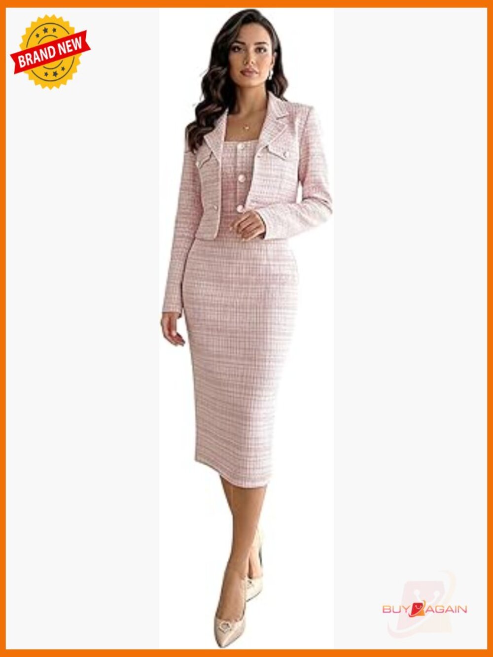 2 Piece Plaid Tweed Sets Bodycon Midi Dress with Long Sleeve Cropped Blazer